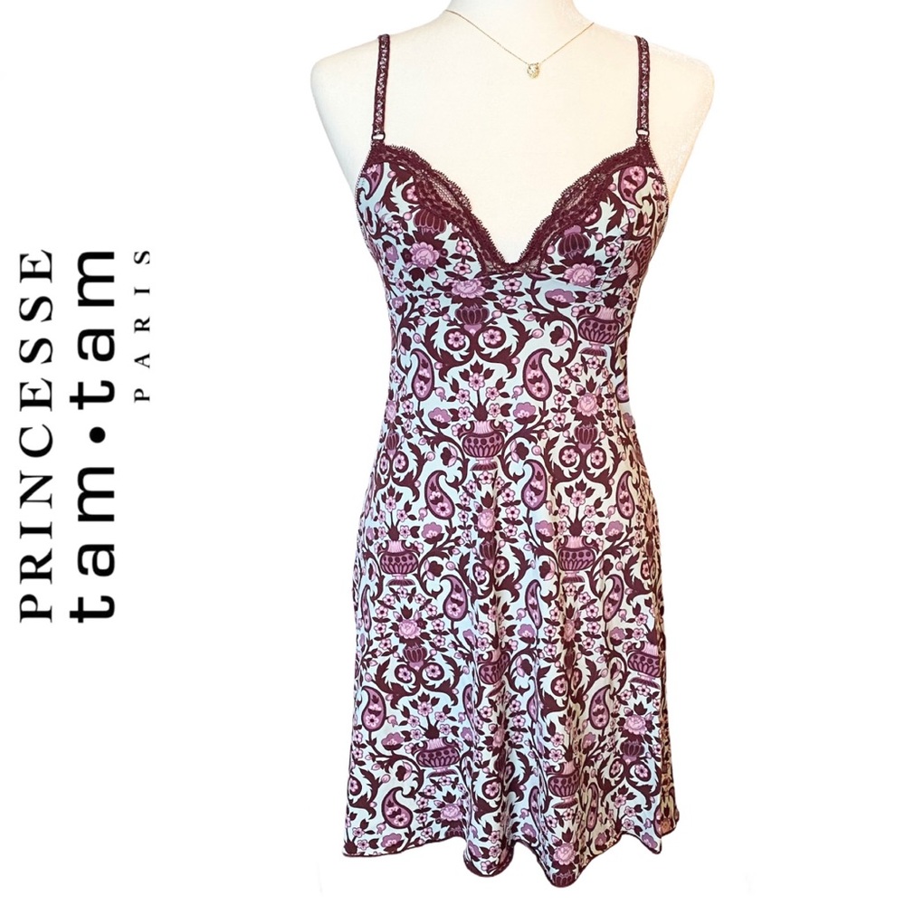 Rare Princesse Tam Tam Floral Chemise Burgundy and Blue Size Small